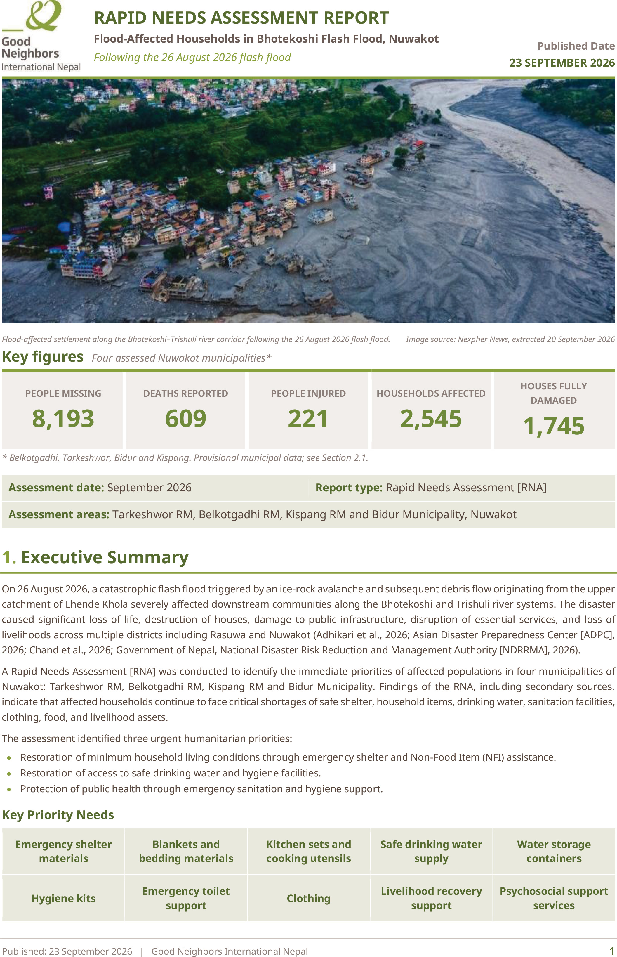 Rapid Need Assessment Report Bhotekoshi Flash Flood